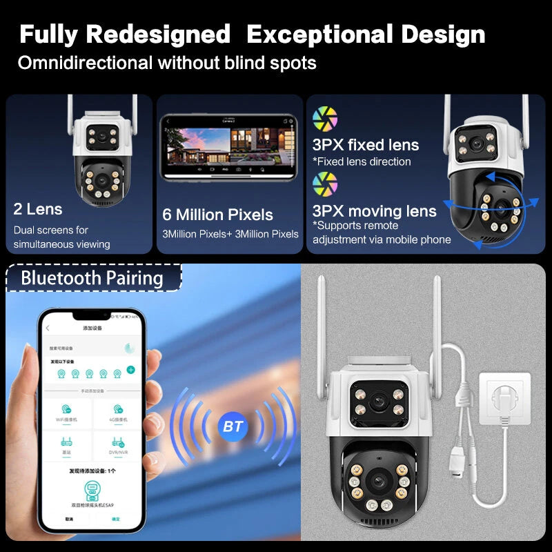 Guudgo 6MP HD Dual Lens Wireless Security Camera 360 Color Night Vision Human Motion Detect Two Way Audio Waterproof Design Surveillance CCTV Cameras