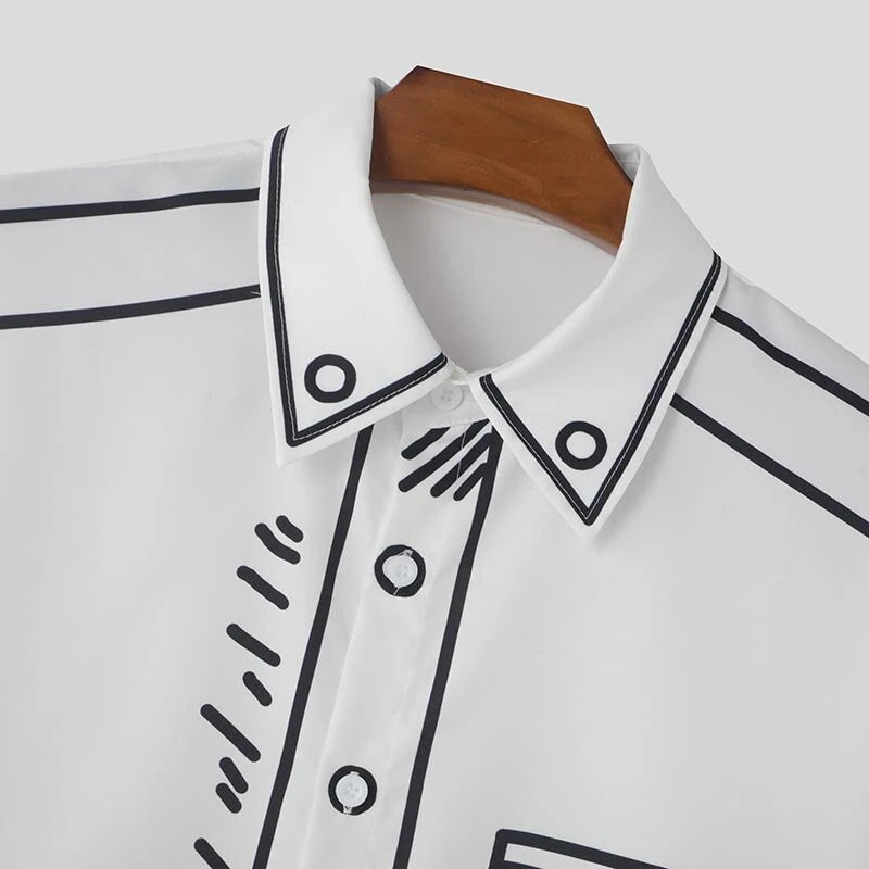 INCERUN Mens Comic Style Print Long Sleeve Shirt Fashion Funny Line Lapel Top for Male