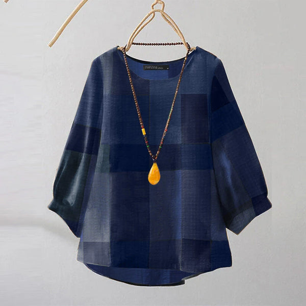 ZANZEA Women Retro Casual 3/4 Sleeve O Neck Shirt Top Plaid Loose Summer Ladylike Blouses