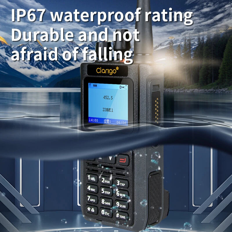 Clarigo DP999 5W 10W DMR Digital Two-Way Radio UV Dual Band AES256 Encryption IP67 Waterproof 3000 Channels 3000mAh Battery Noise Reductions Long Range Secure Communication Walkie Talkies