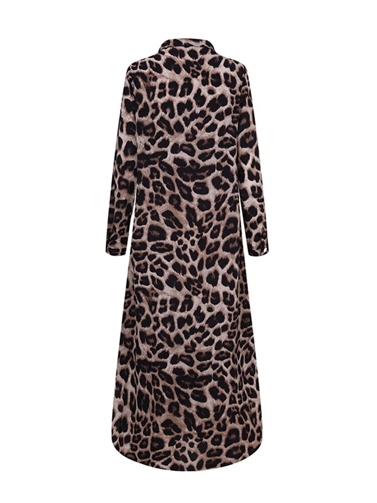 ZANZEA Leopard Print Button Up Shirt Dress for Women, Elegant Long Sleeve Dress For Spring & Fall, Women Lapel Button Long Shirt Dress Loose Vintage Maxi Dress