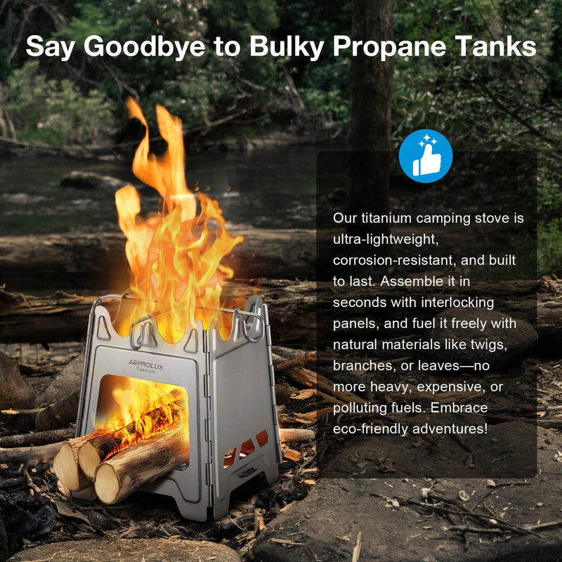 Astrolux Ti-BS1 Titanium Backpacking Stoves Titanium Camping Stove Folding Wood Burning Stove Pocket Stove Portable Lightweight Backpacking Stove for Outdoor Camping Hiking Backpacking Picnic BBQ