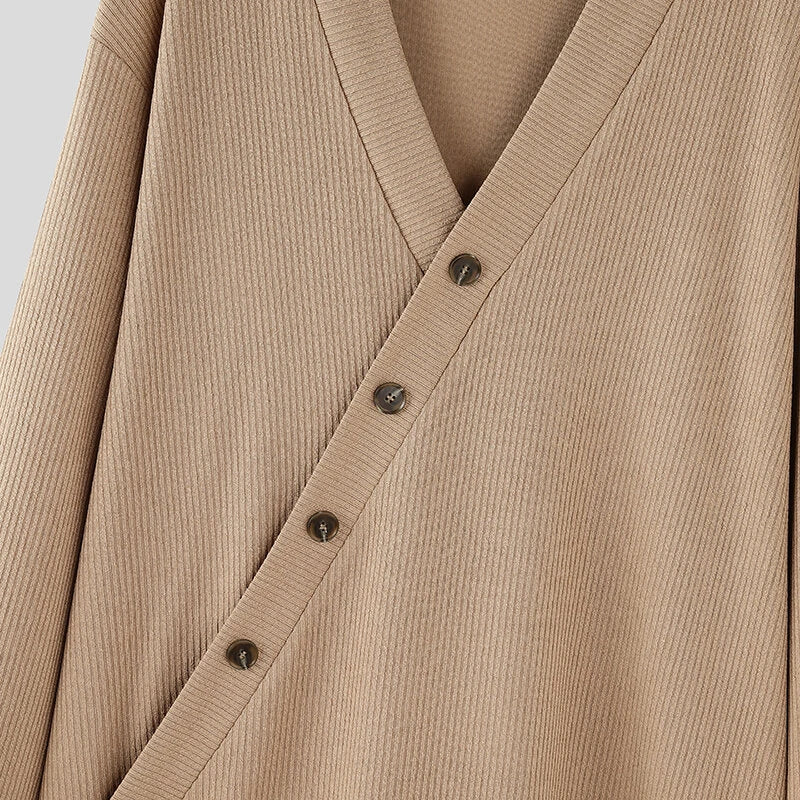 INCERUN Mens Textured Asymmetrical V-Neck Long-Sleeve Sweater Comfortable Solid Color Casual Fall Winter Top S-5XL