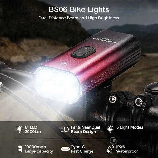 Astrolux BS06 2000Lm Brightness Bike Headlights 6 LED Large Beads 10000mAh Battery Dual Distance Beam Design IPX6 Waterproof 5 Light Modes Type-C Fast Charge Easy to Install Bicycle Front Light Flashlight