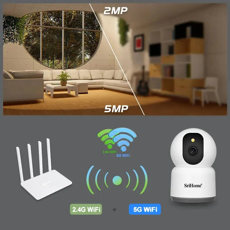 Srihome SH038 5MP 1944P 5G WIFI Wireless PTZ IP Dome Camera AI Humanoid Detection Full Color Night Vision Two-way Intercom Home Security Monitoring Cameras
