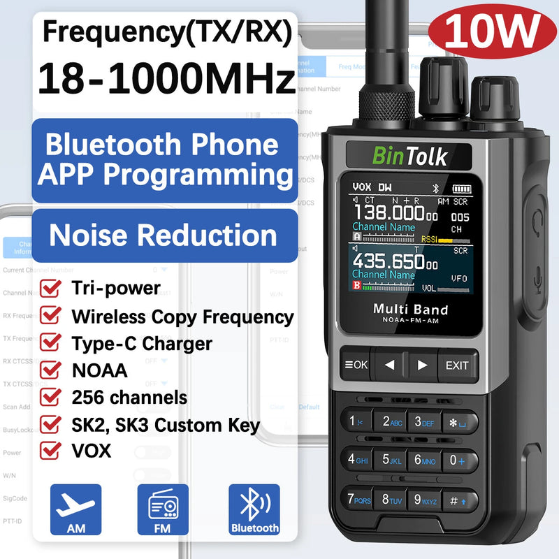 BinTolk BT8200 10W Multi Band Radio Walkie Talkie 256 Channels bluetooth APP Programming NOAA Weather Alert Type-C Charging Tri-Power Output VOXTwo Way Radio