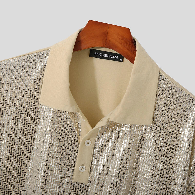 INCERUN Mens Sequin Sparkle Glitter Patchwork T-Shirt Fashion Short Sleeve Lapel Top Tshirt for Men