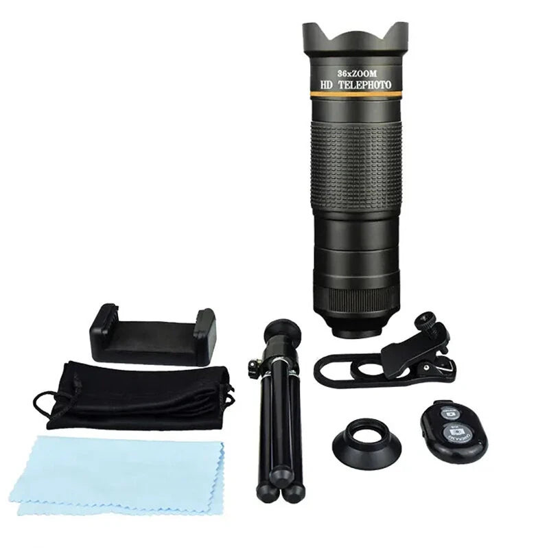 36X Phone Camera Telephoto Lens 4 In 1 Clip-on Telecope Zoom Macro Fisheye with Tripod Eyemask Storagebag Clip-On Lense for  Hiking Camping Wildlife Observation Moon Sports Game Concert Watching