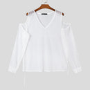 INCERUN Mens T-shirt Fashion Scooped Long Sleeves Tshirt Thin Mesh See Through Lace Up Design Tee Summer Cool Party Top Male