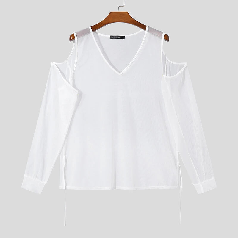 INCERUN Mens T-shirt Fashion Scooped Long Sleeves Tshirt Thin Mesh See Through Lace Up Design Tee Summer Cool Party Top Male