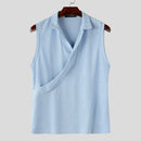INCERUN Mens Minimalist Solid Color Textured Tank Fashion Lapel V-neck Sleeveless Top for Male