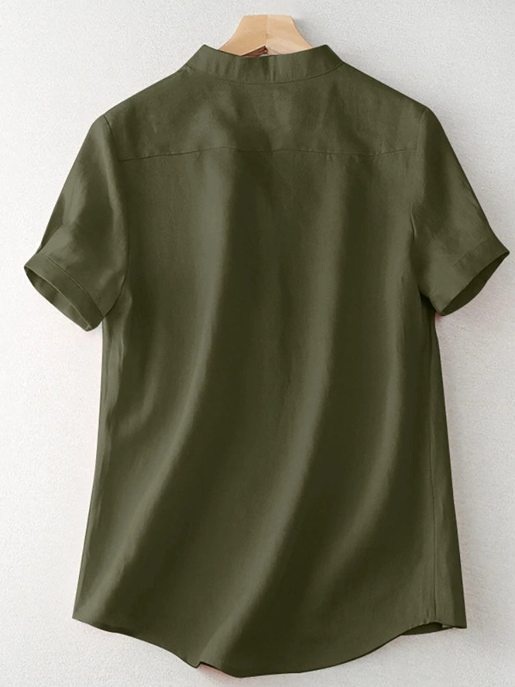 Cotton Solid Button Short Sleeve V Neck Casual Blouse