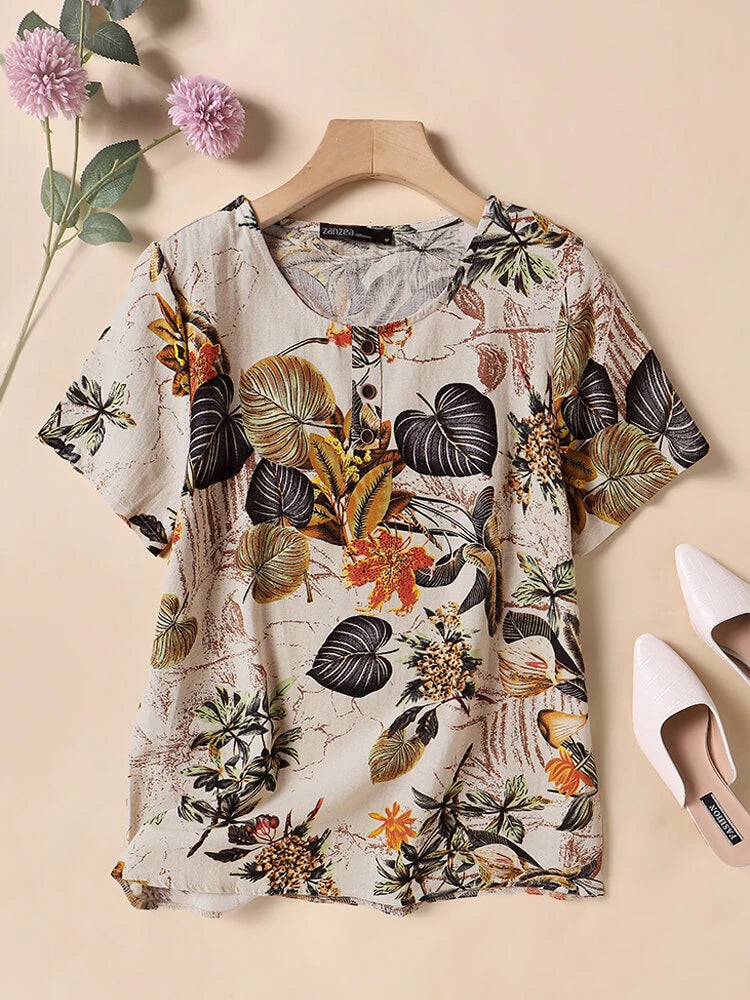 ZANZEA Plus Size Women's Shirt Cotton Linen Printed Casual Short Sleeve O Neck Loose Blouse Summer Daily Top for Women