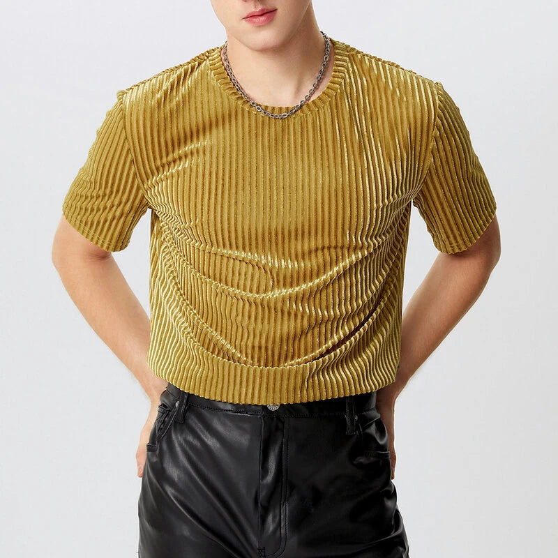 INCERUN Men T-Shirts Fashion Solid Color Skinny Elastic Top Tee Casual Summer Round Neck Short Sleeve Mens Clothing