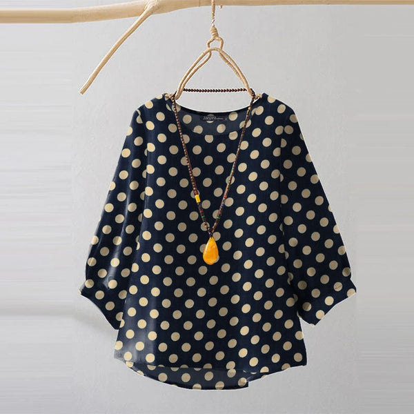 ZANZEA Women Summer Casual 3/4 Sleeve Blouses O Neck Polka Dot Loose Ladylike Shirt Top