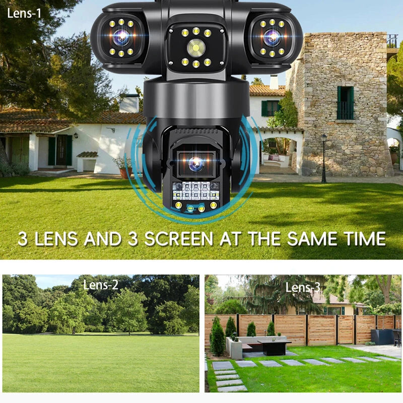 Three-lens 6MP WiFi PTZ Camera Intelligent Wireless Night Vision Motion Recognition Two-way Audio Real-time Monitoring Cameras for Outdoors Security Surveillance