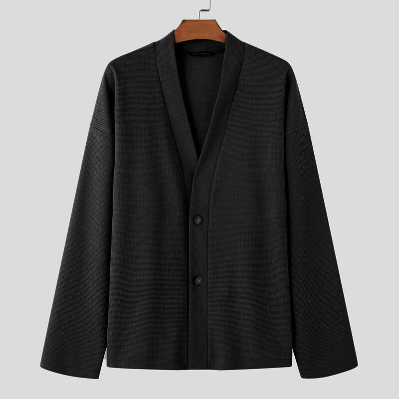 INCERUN Men Simple Textured Cardigan Sweater Comfortable Loose Fit Botton Front Lapel Thick Sweater Cardigan for Men Fall Plus Size S-5XL