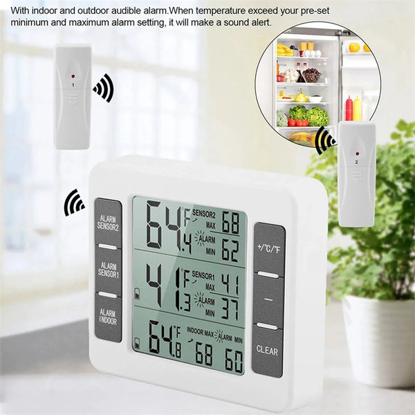 Home Indoor Wireless Digital Audible Alarm Refrigerator Thermometer with 2PCS Sensor Min/Maximum Display