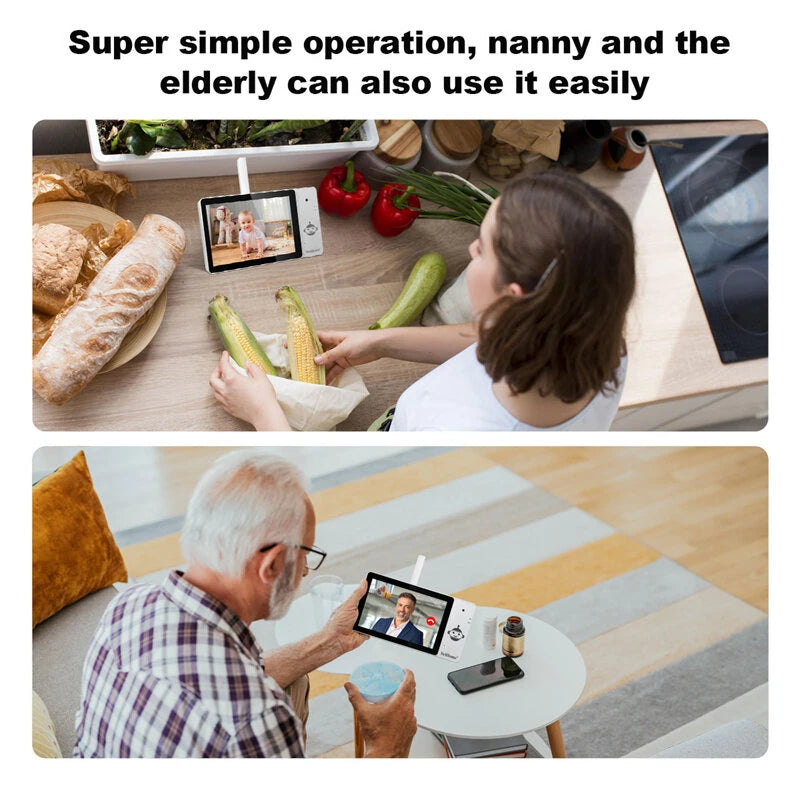 SriHome DH050-DH002-SH064 8MP 4K UHD Baby Monitor Kit with 5-inch Touch Screen WiFi Crying Detection Human Tracking Alarm 2-Way Audio 5200mAh Home Doorbell Baby Camera Doorbell Kit