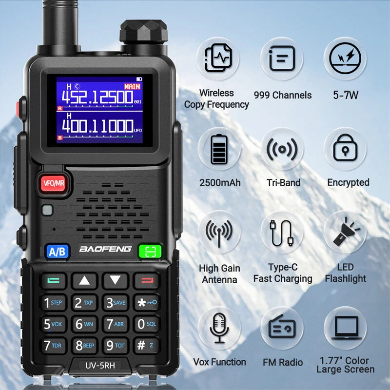 Baofeng UV-5RH 5W Tri-band EU Walkie Talkie 1.77inch Screen Large Range 2500mAh Type-C Rechargeable Handheld Two-way Radio with LED Flashlight FM Radio