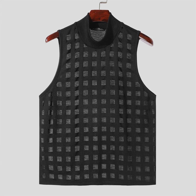 INCERUN Mens Burn out Mesh Striped Sleeveless Tank Black Sheer Mesh Sleeveless Crew Neck Top