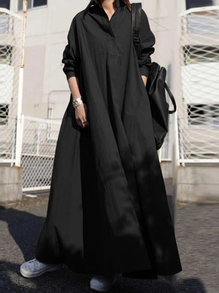 Women Solid Color Turn-down Collar Long Sleeve Button Casual Shirt Dresses With Pocket