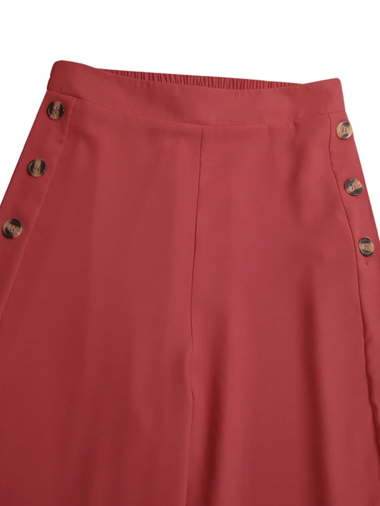 ZANZEA Plus Size Women Pants Solid Color Side Button Elastic Waist Loose Casual Wide Leg Pants With No Pocket
