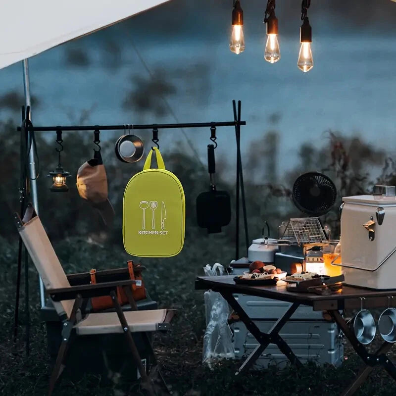 Portable Camping Kitchen Utensil Organizer Bag, Convenient Carry Case For Outdoor BBQ & Cooking Tools, Compact Cutlery Travel Set