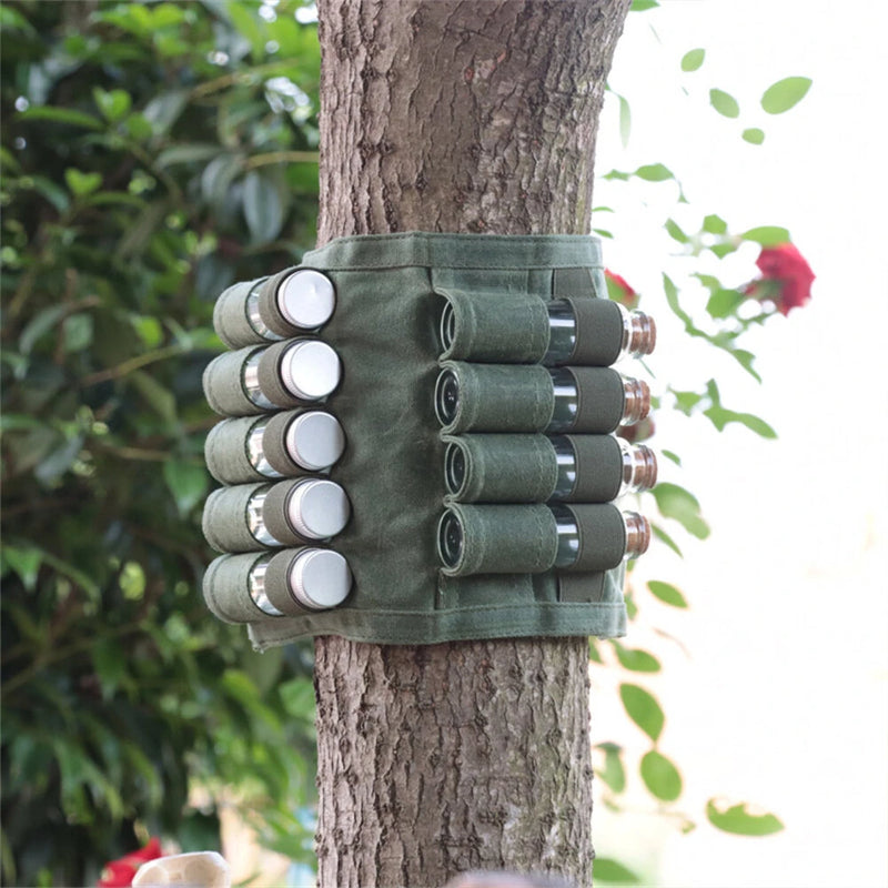 IPRee Reliable Outdoor Camping Spice Bottle Storage Bag Free with 9pcs Glass Spice Bottle Storage Bag BBQ Seasoning Bottle Canvas Bag