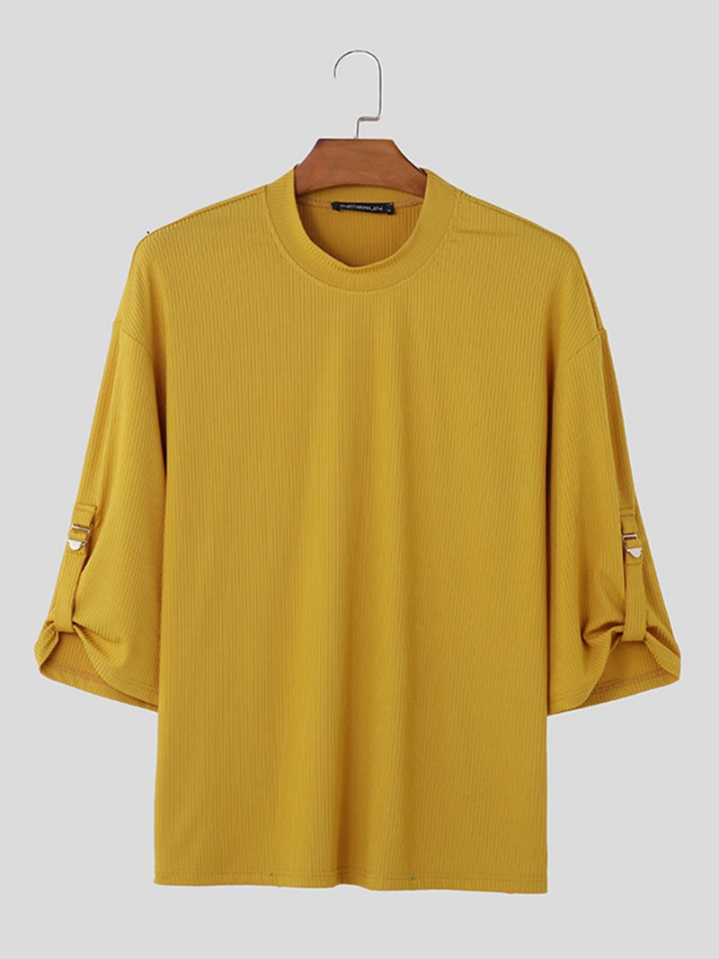 INCERUN Mens T-Shirt Solid Color Knitted Summer Casual Men Clothing Tops