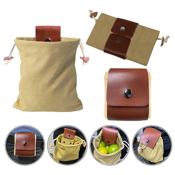 IPRee Foldable Large Capacity Canvas Belt Bag, Pouch, PU Leather Canvas Drawstring Foraging Pouch for Travel Camping Hiking Bag