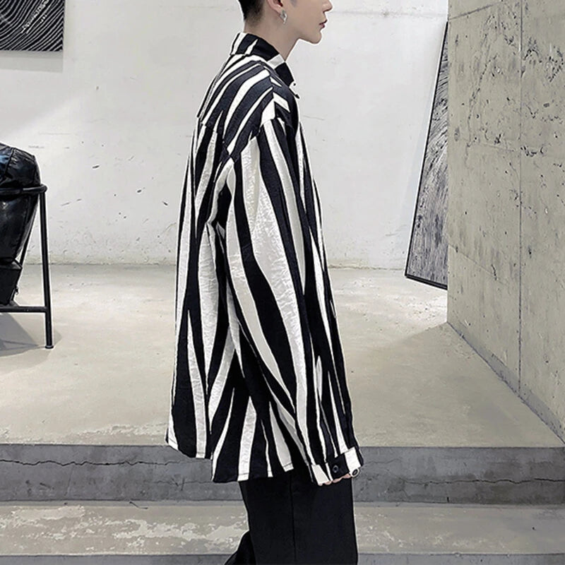 INCERUN Men Patchwork Zebra Stripe Shirt Fashion Slant Placket Casual Lapel Long Sleeve Shirt Loose Large Size Shirt S-5XL for Spring Fall