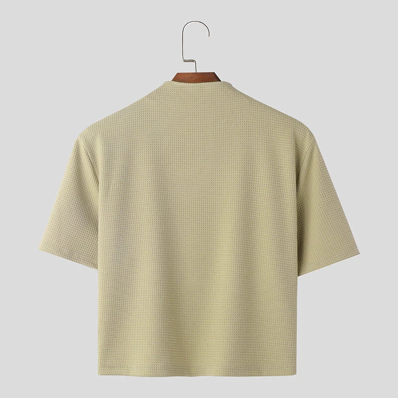 INCERUN Mens Coats Fashion-forward Male Zip-Up Jacket - Japanese and Korean Style Solid Color Short Sleeve Male Clothing