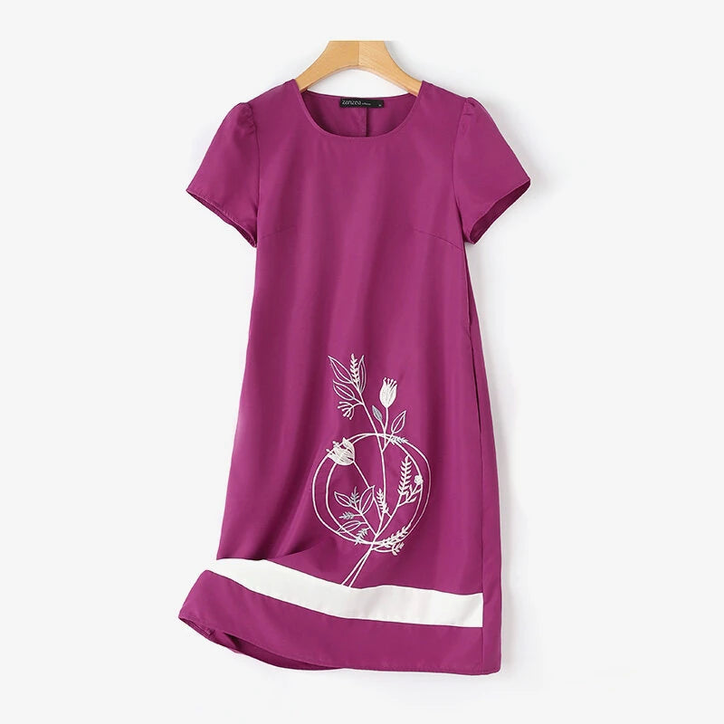 ZANZEA Summer Women Vintage Short Sleeve O-Neck Floral Embroidery Dresses Casual Shift Dresses