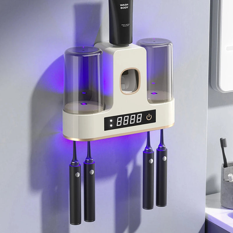 Smart Toothbrush Sterilizer UV Light Toothbrush Holder Toothpaste Squeezer Dispenser Wall Mounted UV Sterilization Drying Toothbrush Storage Rack