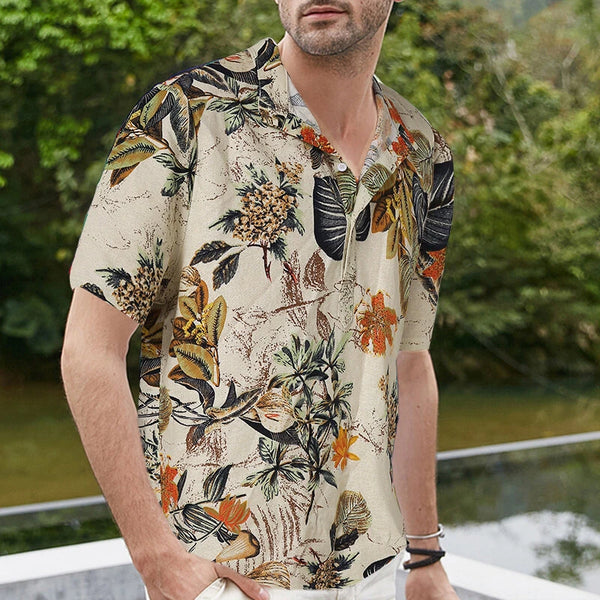 INCERUN Mens Shirts Hawaiian Short Sleeve Shirts Summer Holiday Beach Men Shirt Tropical Leaves Print Henley Shirts