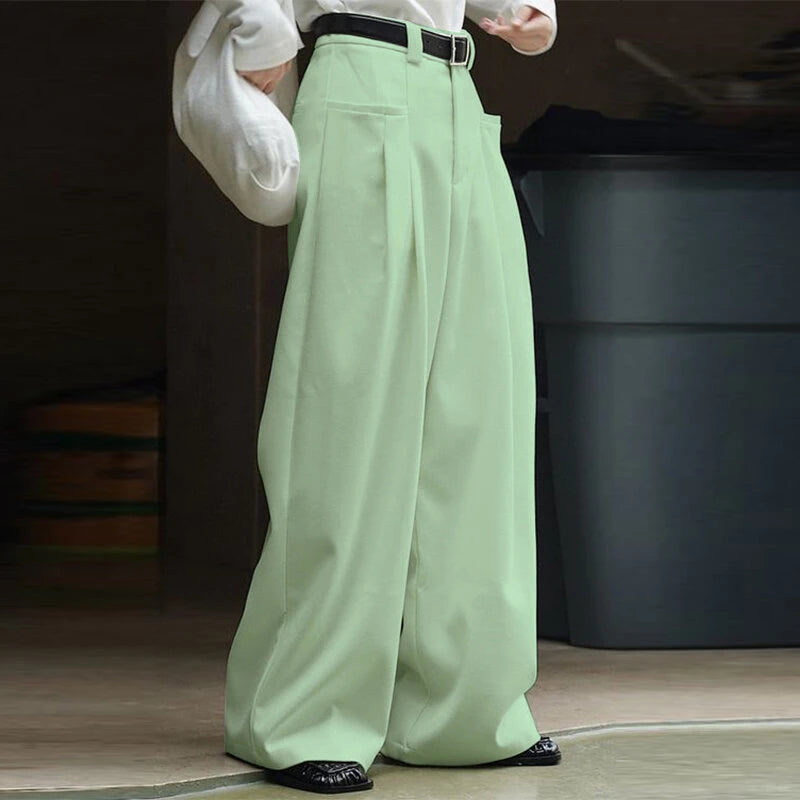 INCERUN Mens Solid Pleated Design Casual Straight Pants Casual Comfortable Wide Legged Long Pant with Pockets