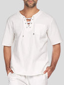 Mens Solid Drawstring V-Neck Cotton Short Sleeve T-Shirt
