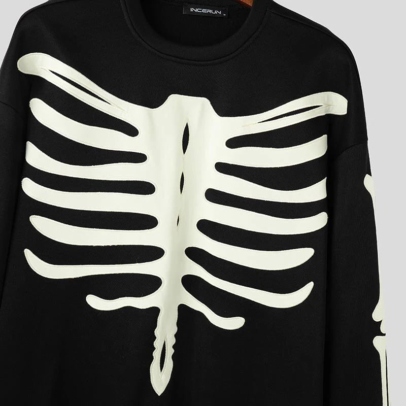 INCERUN Mens Skeleton Print Color Block Long Sleeve Hoodie Fashion Loose Fit Crew Neck Fall Top for Male S 5XL