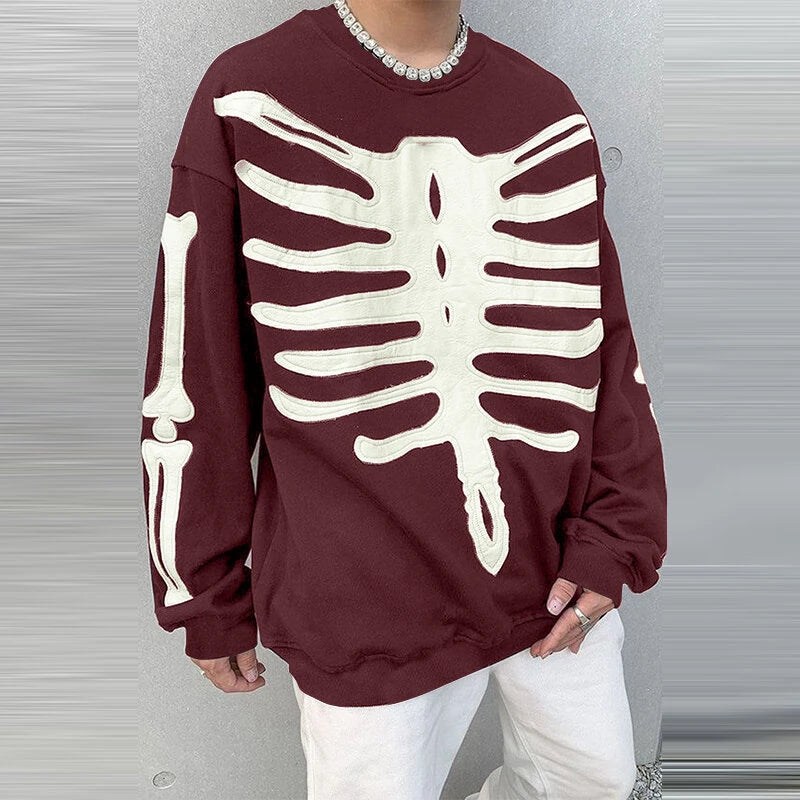 INCERUN Mens Skeleton Print Color Block Long Sleeve Hoodie Fashion Loose Fit Crew Neck Fall Top for Male S 5XL