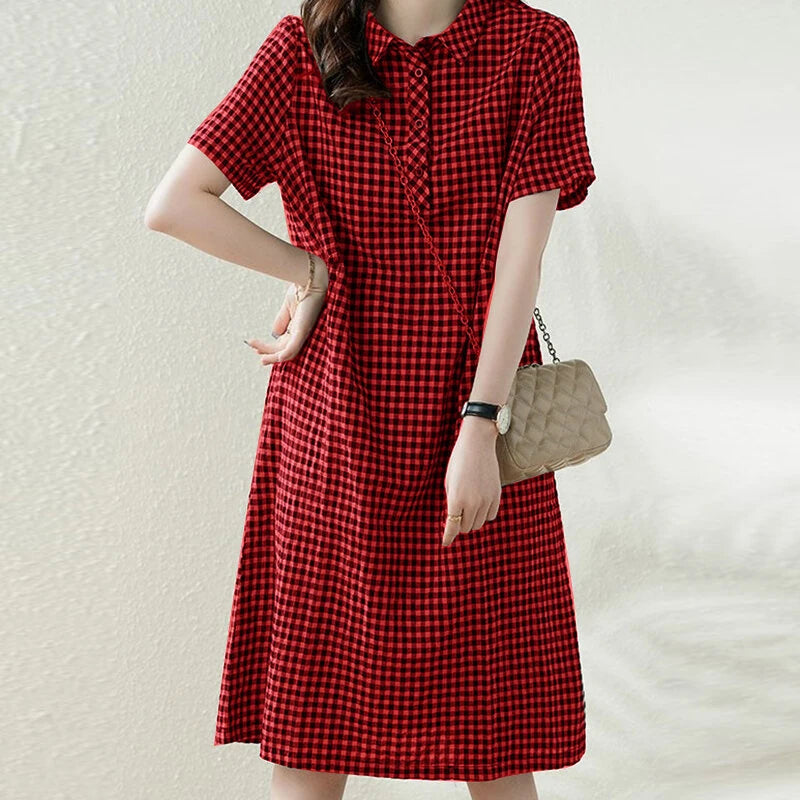 ZANZEA Elegant Style Women's Dresses Daily Short Sleeve Lapel Plaid Loose Midi Shirt Dress
