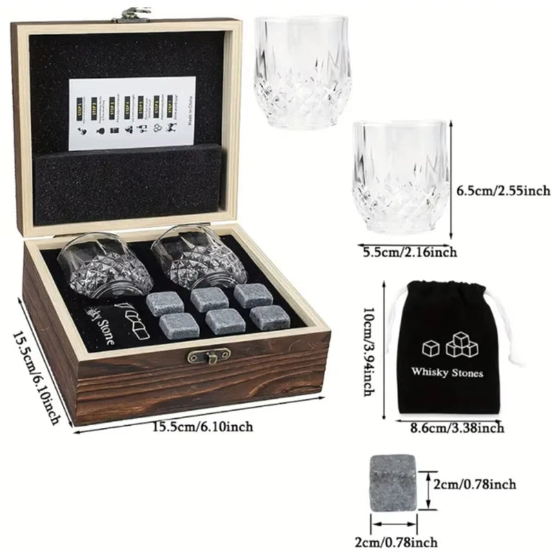 Reusable Whiskey 6 Ice Stones Set Whiskey Stones 2 Whisky Glasses Set Granite Ice Cube Stainless Steel Clips with Fleece Bag Wooden Gift Best Gift for Men