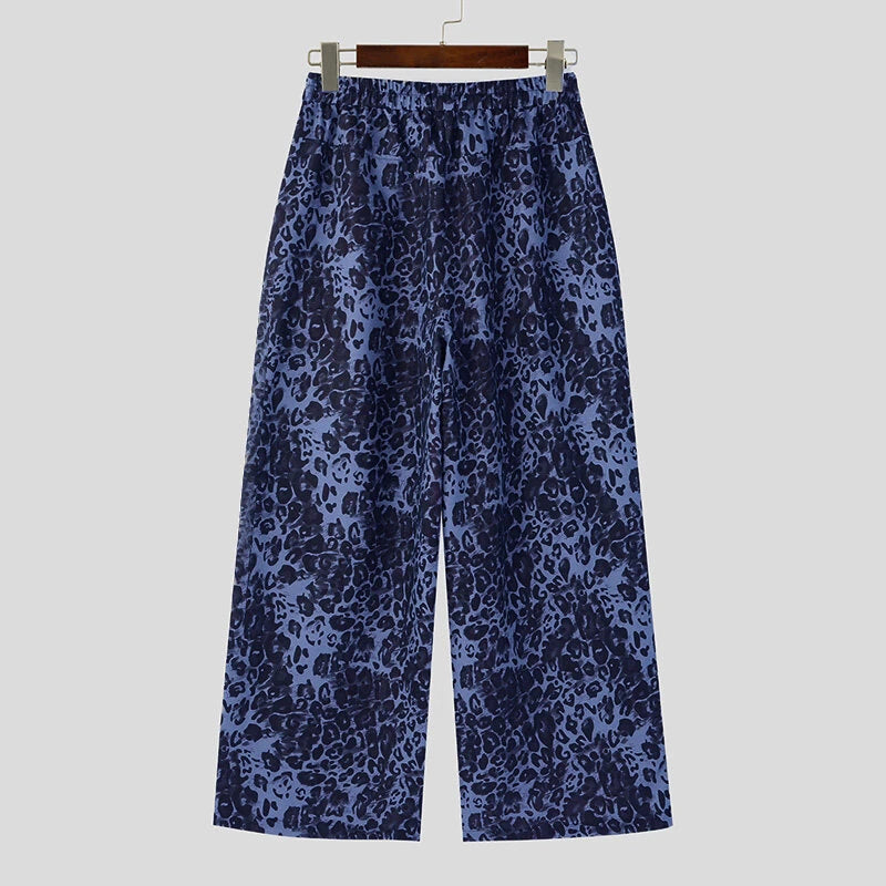 INCERUN Mens Leopard Print Daily Pant Side Zipper Design Fashion Loose Fit Long Trousers for Men Large Size S-5XL