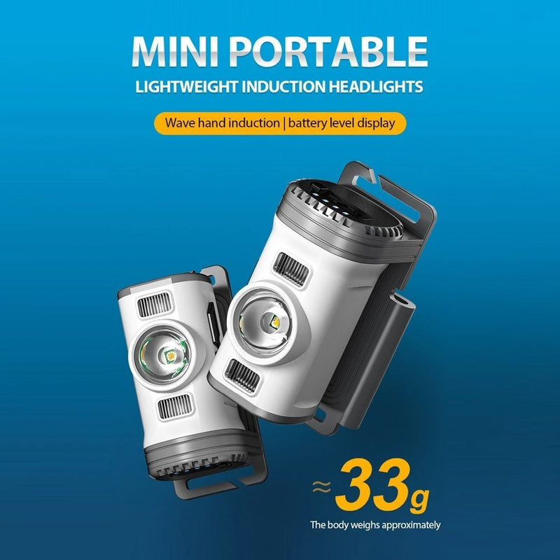 Motion Sensor Smart LED Headlamp Rechargeable Flashlight Red and Blue Warning Headlight Portable Clip-on Cap Light with 8 Lighting Modes for Outdoor Camping Hiking Fishing Running