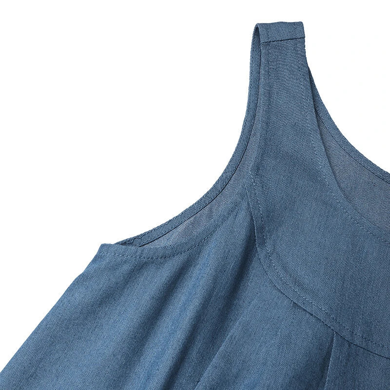 ZANZEA Women Fashion Denim Overalls Dress Summer Sleeveless Casual Loose Sundress Solid Color Maxi Dress With Pockets