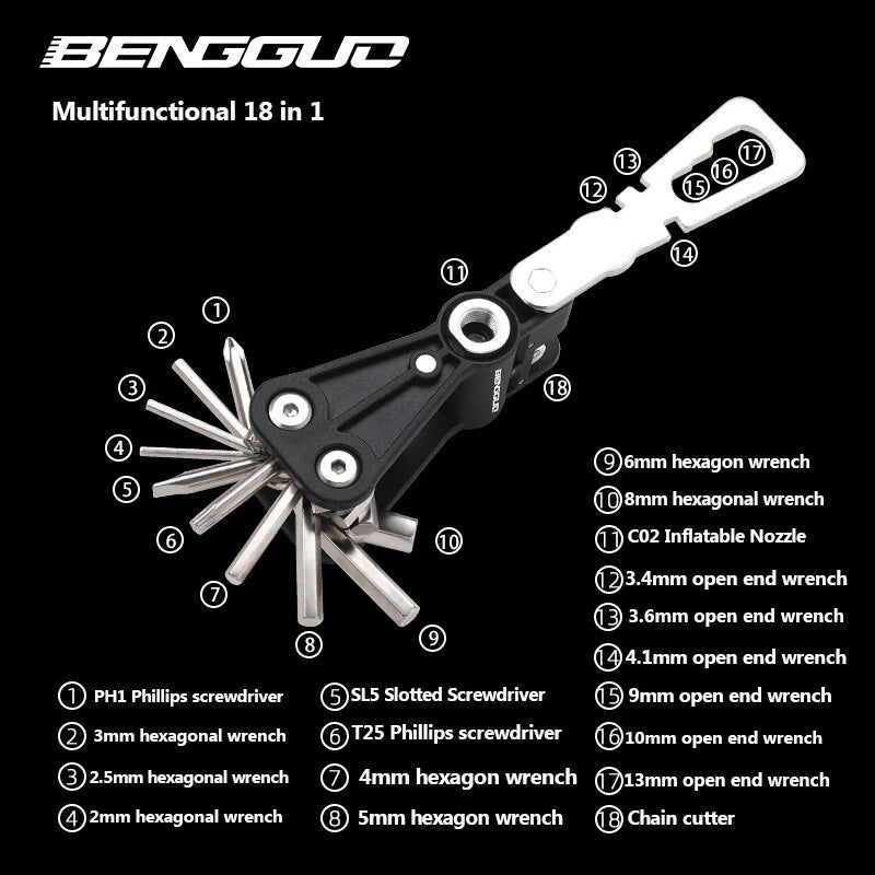 BENGGUO 18 in 1 Bicycle Multitool Wrench Repair Tool Kit Alumium Alloy Screwdriver and Chain Mini Portable Repair Accessories for MTB and Road Bikes