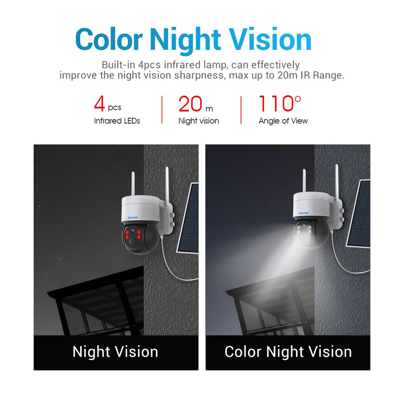 ESCAM QF170 2MP PTZ WIFI IP Camera Solar Panel Battery PIR Alarm Full Color Night Vision Two Way Audio IP66 Cloud Storage