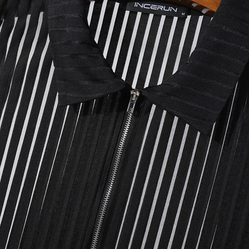 INCERUN Mens Striped See Through Lapel Collar Vest Comfortable Black Zipper Sleeveless Tank Top for Male