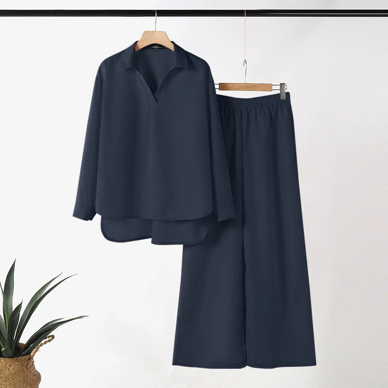ZANZEA Women Suits - Long Sleeve Lantern Sleeve Elastic Waist Pants Wide Leg Pants with Pockets Casual Tops Trousers Two-Piece Set Plus Size