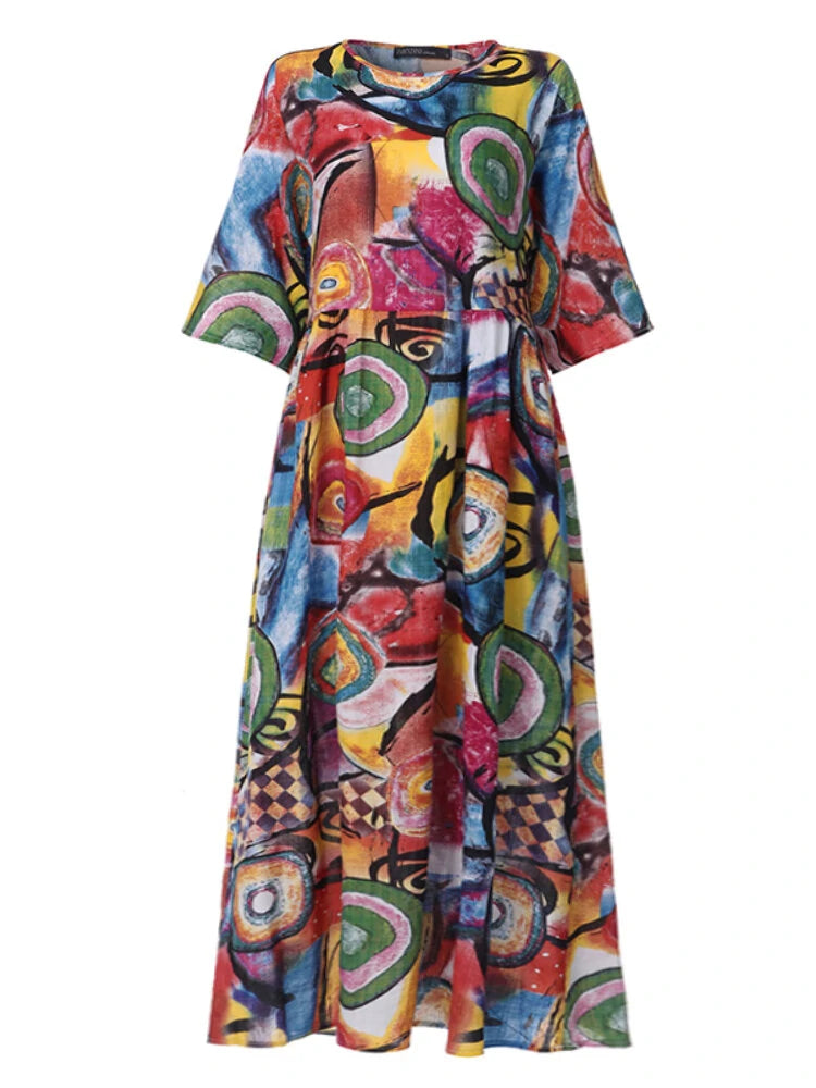 ZANZEA Women Retro Graffiti Print Round Neck Pleated Casual Beach Maxi Dresses